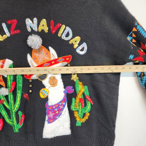Ugly Christmas Sweater Size XL Feliz Navidad Cactus Bells Llama Aztec Sleeves - Picture 8 of 10